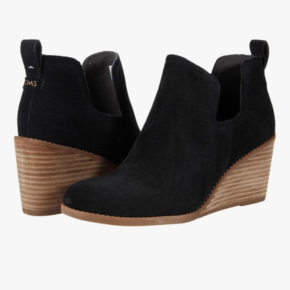 NEW TOMS BLACK GENUINE SUEDE LEATHER 3” WOOD DETAIL WEDGE ANKLE BOOTIES SZ 8.5 - Picture 1 of 10